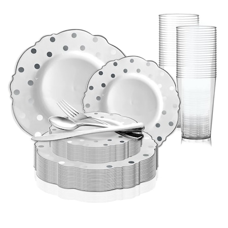Smarty Had A Party White with Silver Dots Round Blossom Disposable Plastic Wedding Value Set, 720PK 980-S-VS120